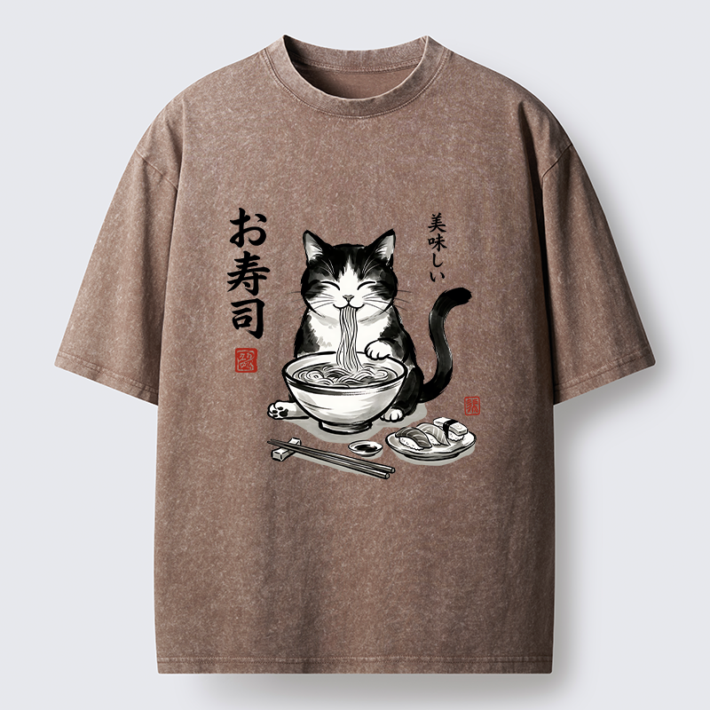 Tokyo-Tiger Cats Eat Japanese Food Washed T-Shirt
