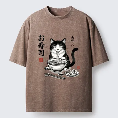 Tokyo-Tiger Cats Eat Japanese Food Washed T-Shirt