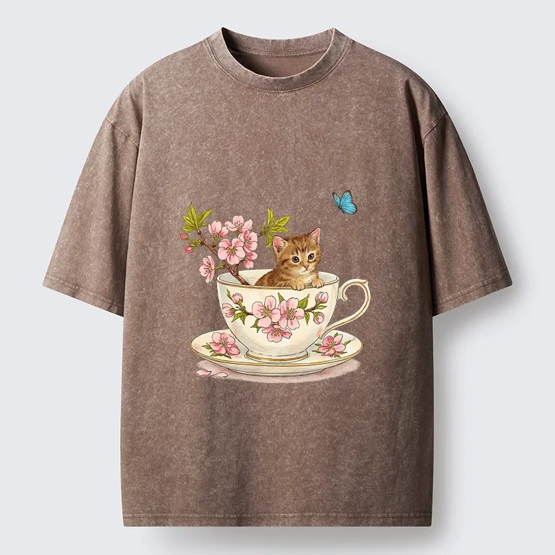 Tokyo-Tiger Cherry Blossom Teacup Kitten Washed T-Shirt