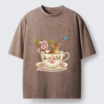 Tokyo-Tiger Cherry Blossom Teacup Kitten Washed T-Shirt