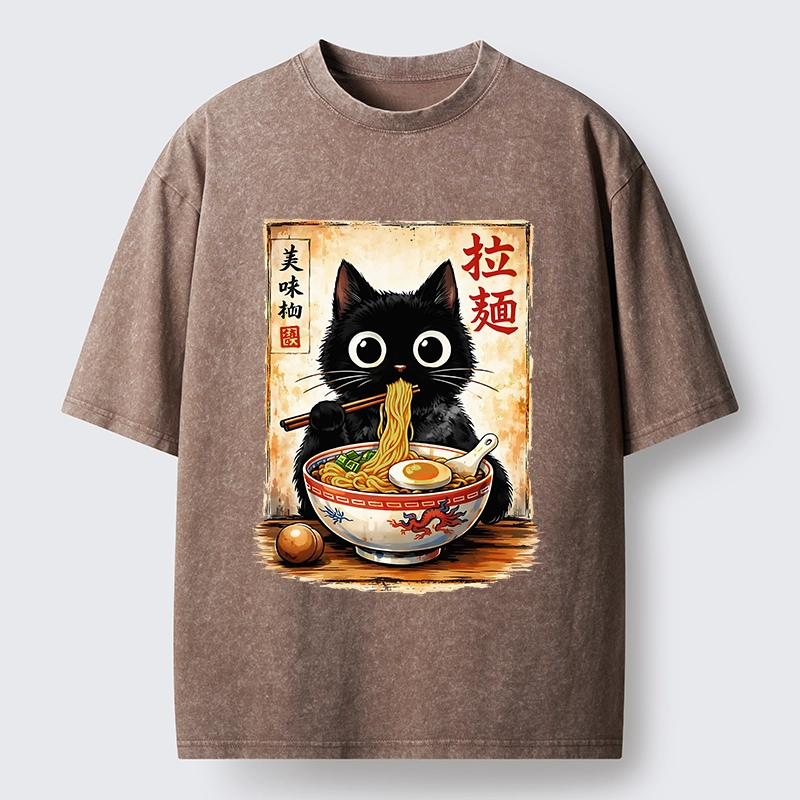 Tokyo-Tiger Cute Cat Slurping Ramen Washed T-Shirt