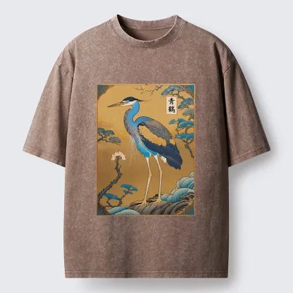 Tokyo-Tiger Golden Background Blue Heron Washed T-Shirt