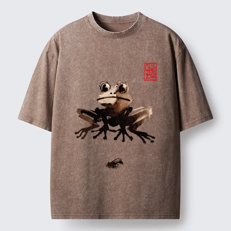 Tokyo-Tiger Ink Wash Frog And Its Tiny Prey Washed T-Shirt