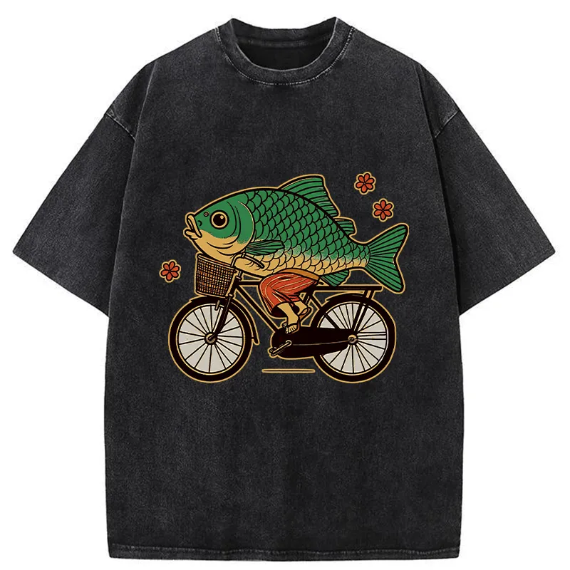 Tokyo-Tiger Funny Fish Riding A Bicycle Washed T-Shirt