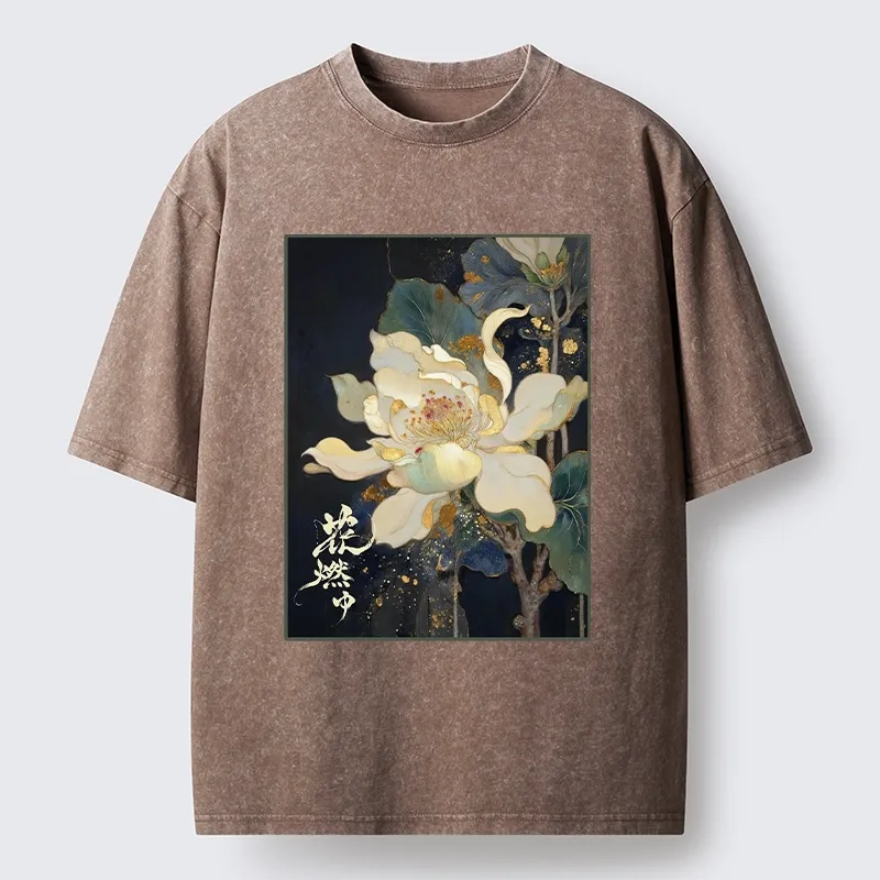 Tokyo-Tiger Lotus Adorned With Golden Specks Washed T-Shirt
