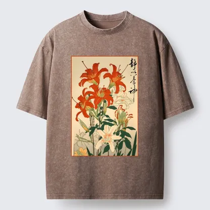Tokyo-Tiger Vibrant Red And White Lilies Washed T-Shirt