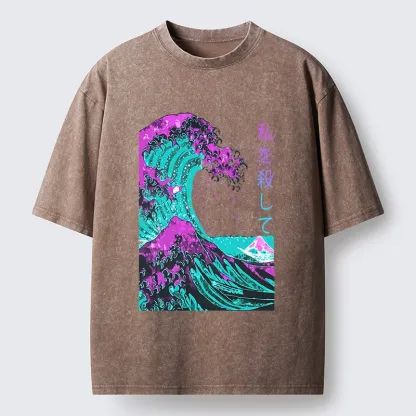 Tokyo-Tiger Neon Great Wave Off Kanagawa Washed T-Shirt