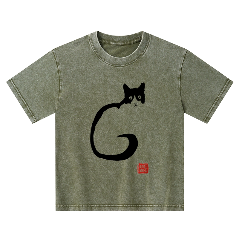 Tokyo-Tiger Calm Cat In Simple Lines Kids Washed T-Shirt