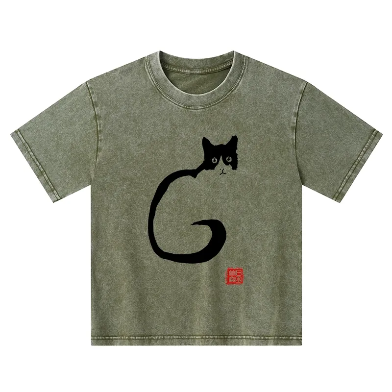 Tokyo-Tiger Calm Cat In Simple Lines Kids Washed T-Shirt