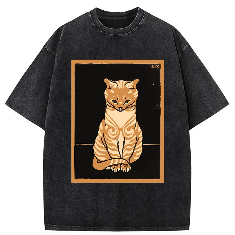 Tokyo-Tiger Cat Sitting And Meditating Washed T-Shirt