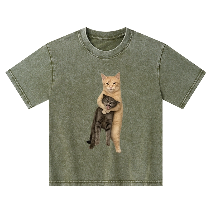 Tokyo-Tiger Orange Cat’s Tight Embrace Kids Washed T-Shirt