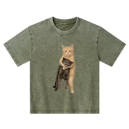 Tokyo-Tiger Orange Cat’s Tight Embrace Kids Washed T-Shirt