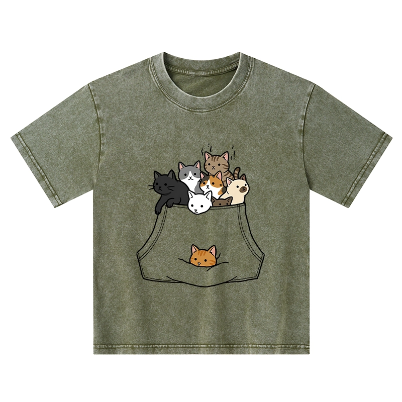 Tokyo-Tiger Cats With Pockets Full Kids Washed T-Shirt