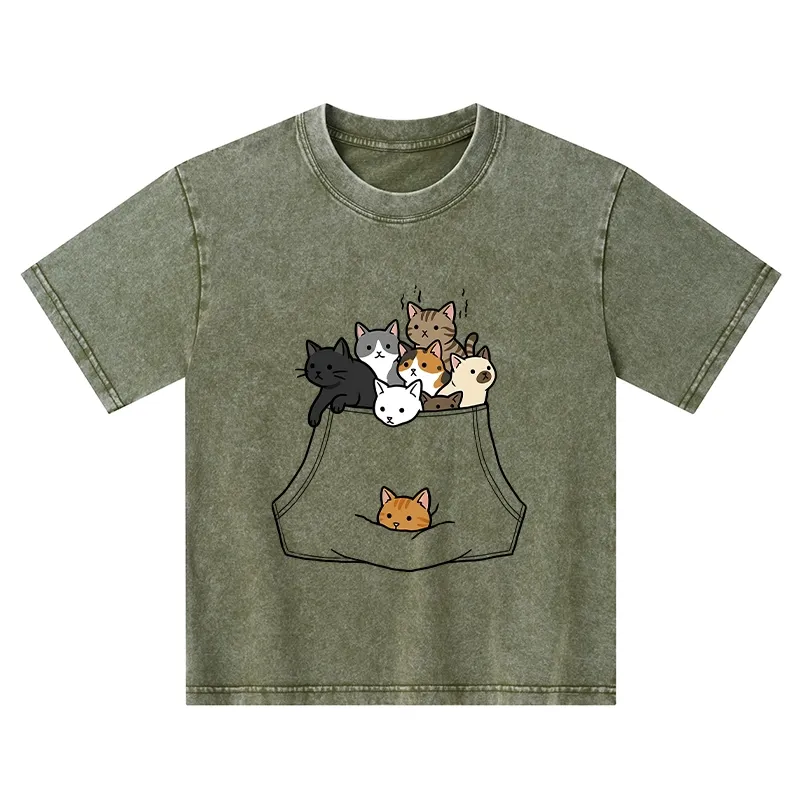 Tokyo-Tiger Cats With Pockets Full Kids Washed T-Shirt