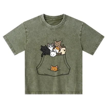 Tokyo-Tiger Cats With Pockets Full Kids Washed T-Shirt