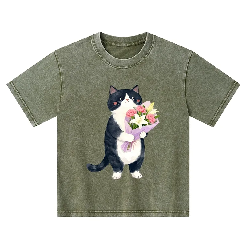 Tokyo-Tiger Sweet Cat Delivers Flowers Kids Washed T-Shirt