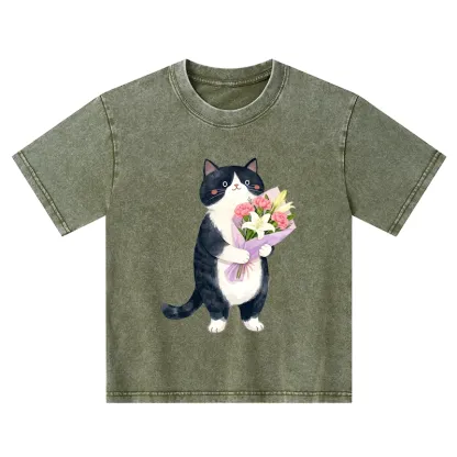 Tokyo-Tiger Sweet Cat Delivers Flowers Kids Washed T-Shirt