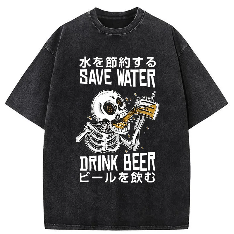 Tokyo-Tiger Save Water Drink Beer Washed T-Shirt