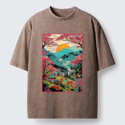 Tokyo-Tiger Golden Sun Over Serene Valley Washed T-Shirt