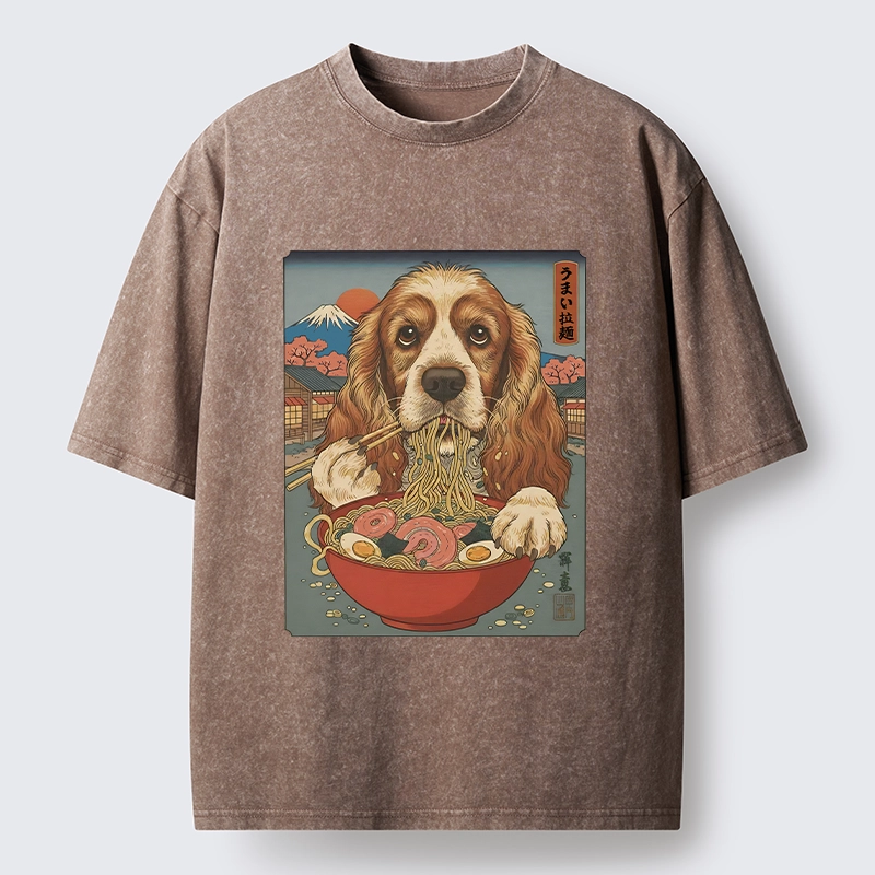 Tokyo-Tiger Dog Slurping Ramen In Japanese Style Washed T-Shirt