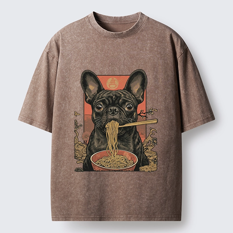Tokyo-Tiger Vintage Style Dog & Ramen Art Washed T-Shirt