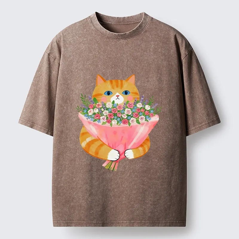 Tokyo-Tiger Cozy Cat Offering A Bouquet Washed T-Shirt