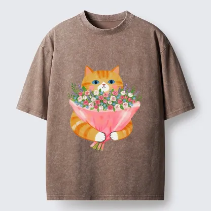 Tokyo-Tiger Cozy Cat Offering A Bouquet Washed T-Shirt