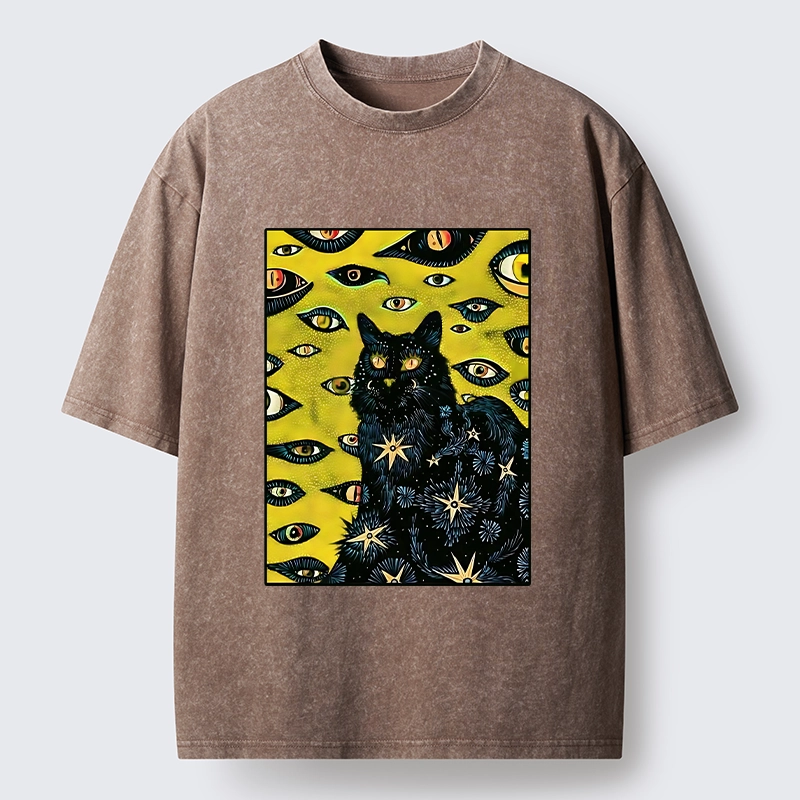 Tokyo-Tiger Cat With Many Eyes And Stars Washed T-Shirt