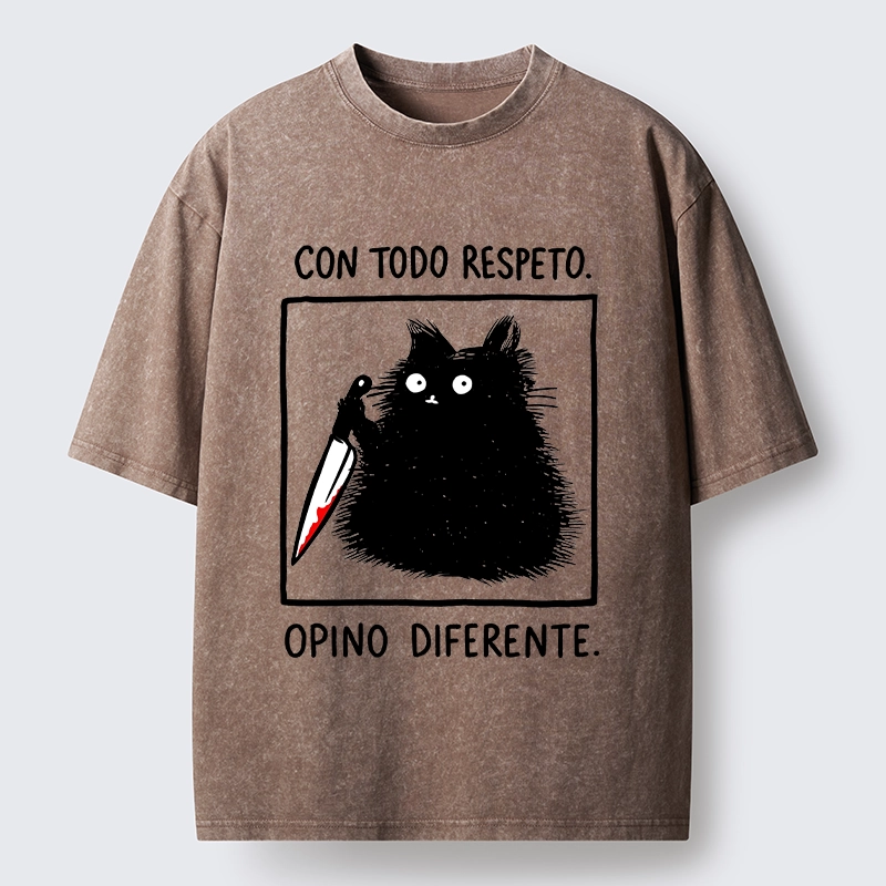 Tokyo-Tiger Black Cat Holds Knife Disagrees Washed T-Shirt