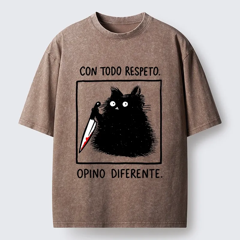 Tokyo-Tiger Black Cat Holds Knife Disagrees Washed T-Shirt
