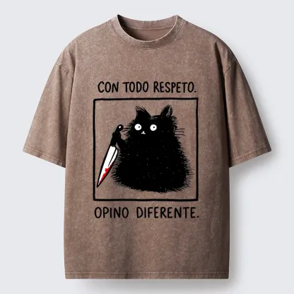 Tokyo-Tiger Black Cat Holds Knife Disagrees Washed T-Shirt