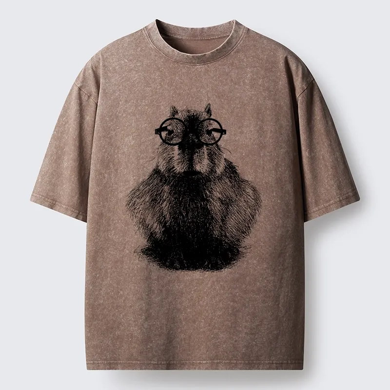 Tokyo-Tiger Smart Capybara With Glasses Washed T-Shirt
