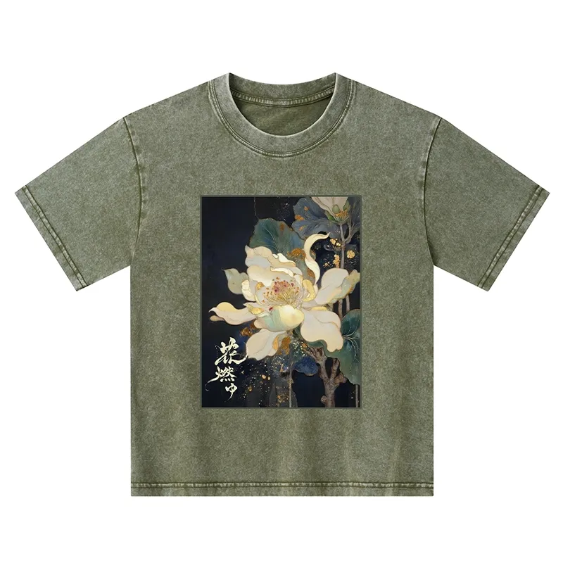 Tokyo-Tiger Lotus Adorned With Golden Specks Kids Washed T-Shirt