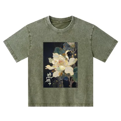 Tokyo-Tiger Lotus Adorned With Golden Specks Kids Washed T-Shirt