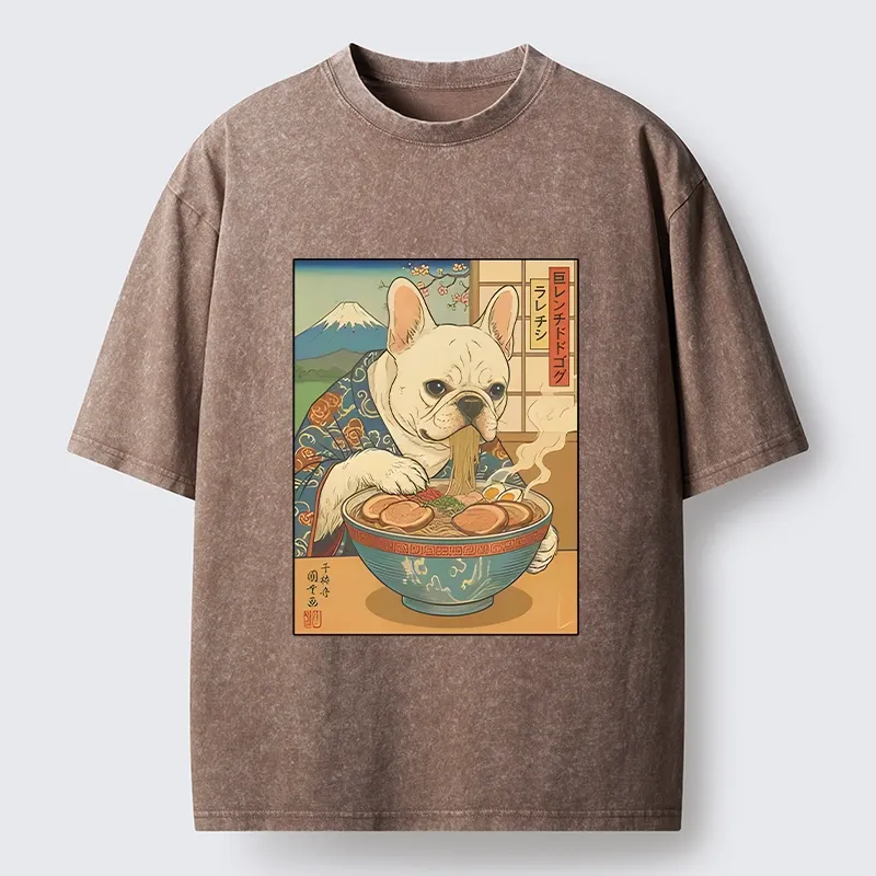 Tokyo-Tiger French Bulldog Ramen Art Washed T-Shirt