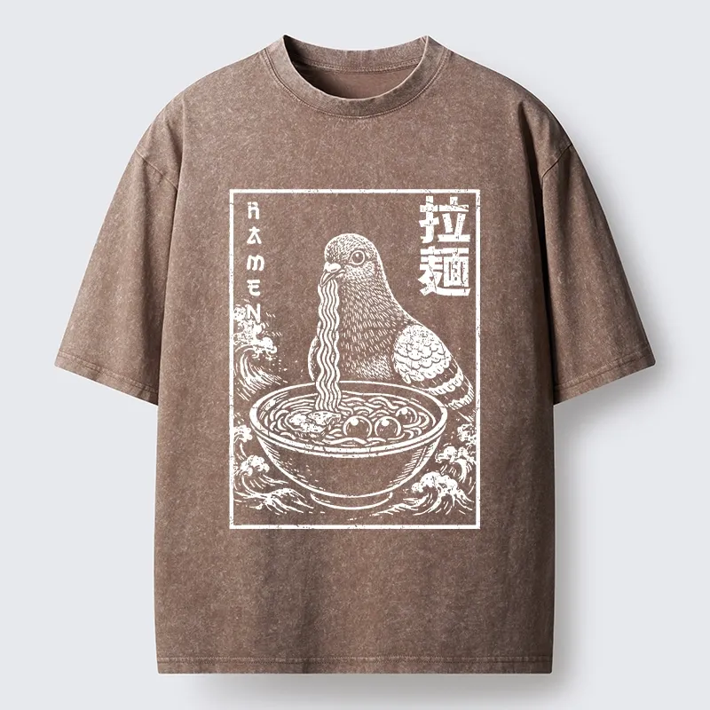 Tokyo-Tiger Pigeon Eating Ramen Art Washed T-Shirt Sale