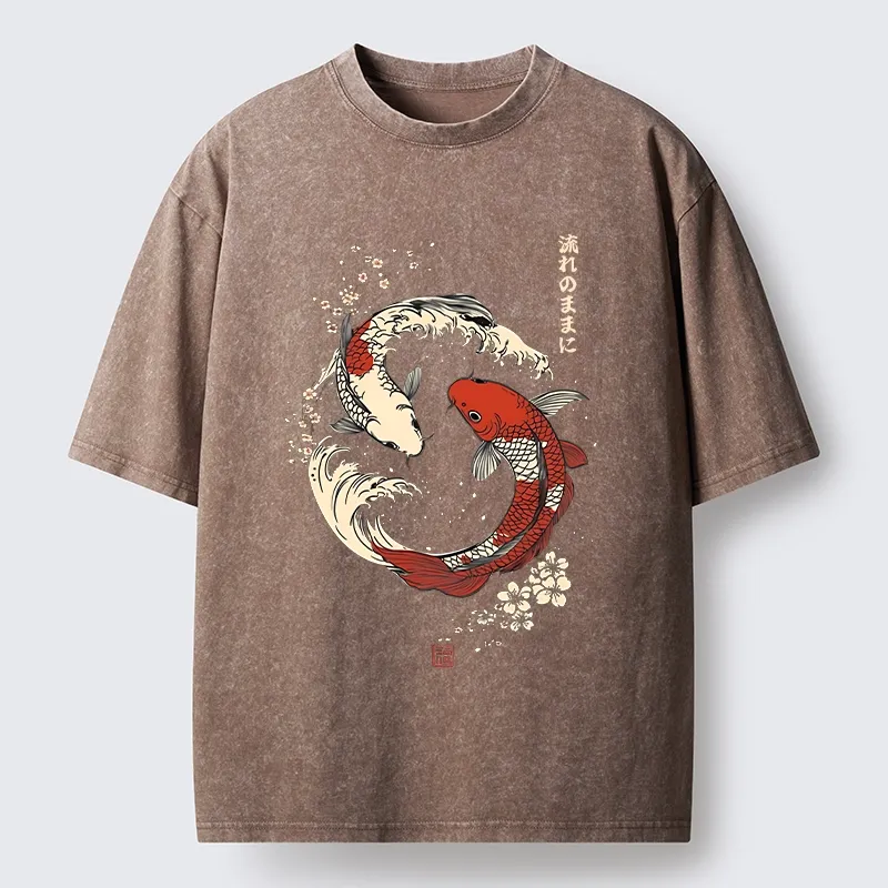 Tokyo-Tiger Elegant Koi Fish And Sakura Washed T-Shirt