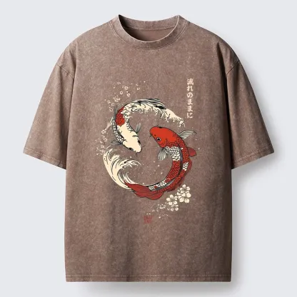 Tokyo-Tiger Elegant Koi Fish And Sakura Washed T-Shirt
