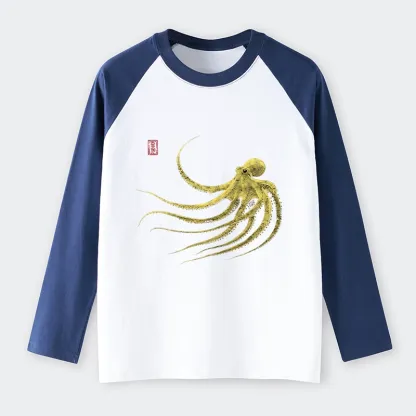 Tokyo-Tiger Retro Octopus Japanese Raglan Long Sleeve T-shirt