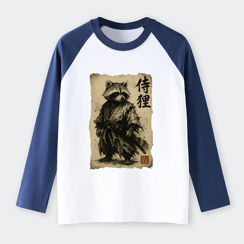 Tokyo-Tiger Retro Raccoon Samurai Raglan Long Sleeve T-shirt