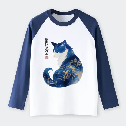 Tokyo-Tiger Retro Zen Cat: Living the Present Raglan Long Sleeve T-shirt