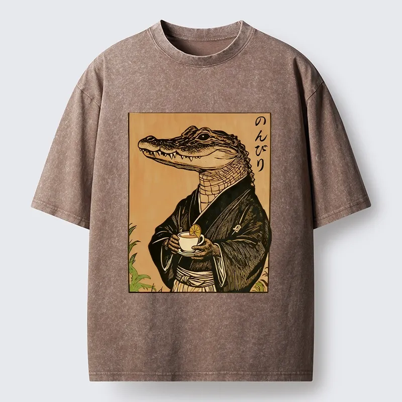 Tokyo-Tiger Alligator In Kimono Drinking Tea Washed T-Shirt
