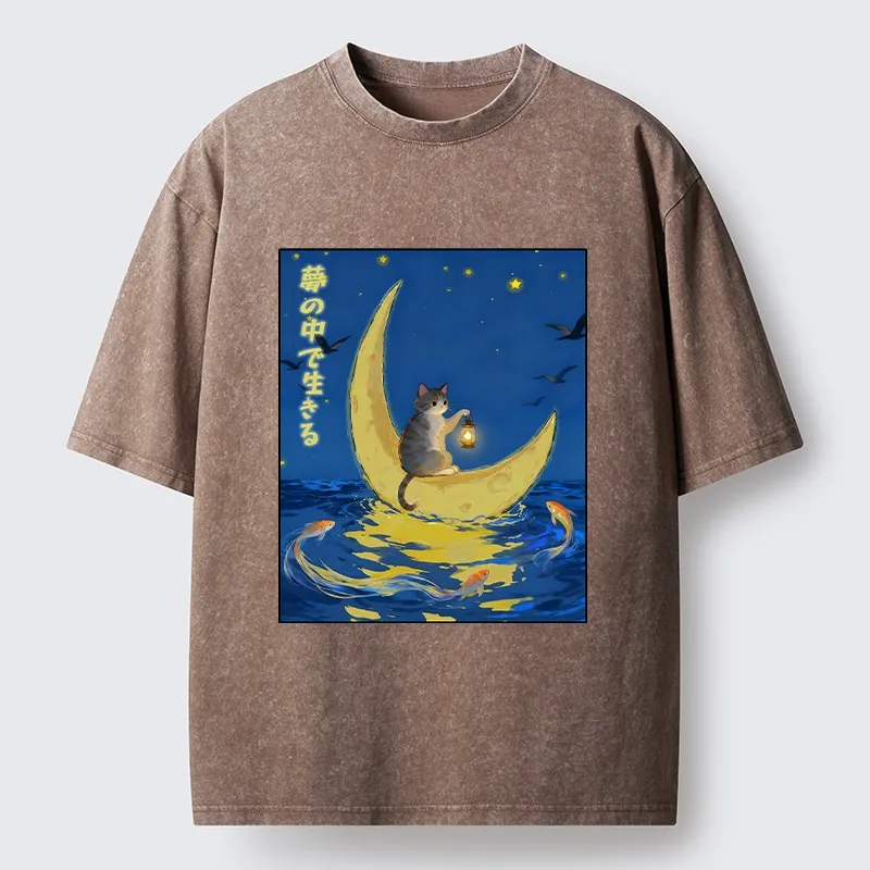 Tokyo-Tiger Cat On Moon Boat Over Sea Washed T-Shirt
