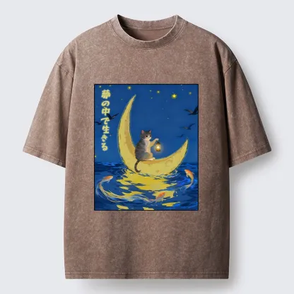 Tokyo-Tiger Cat On Moon Boat Over Sea Washed T-Shirt