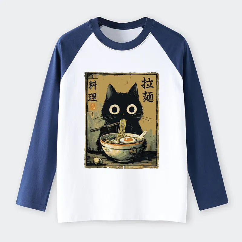 Tokyo-Tiger Cute Black Cat Eating Ramen Japan Raglan Long Sleeve T-shirt