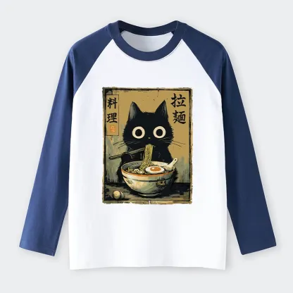 Tokyo-Tiger Cute Black Cat Eating Ramen Japan Raglan Long Sleeve T-shirt