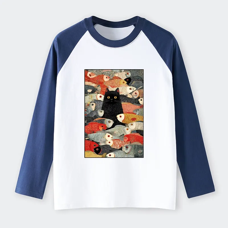 Tokyo-Tiger Cats And Fish Raglan Long Sleeve T-shirt