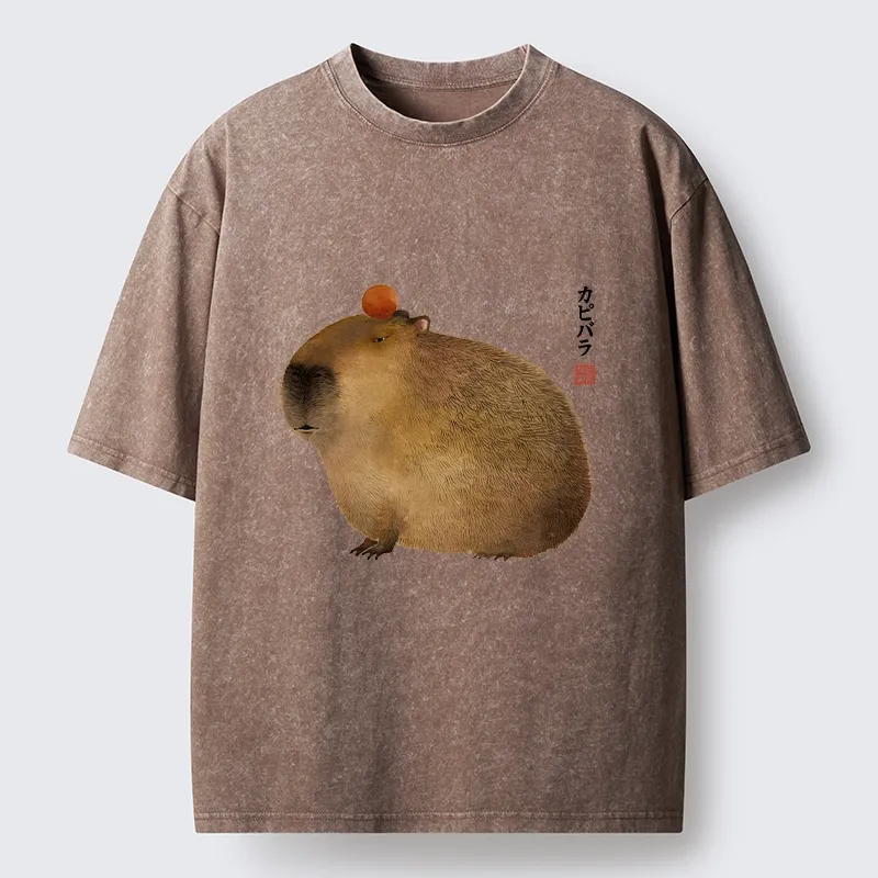 Tokyo-Tiger Calm Capybara Illustration Washed T-Shirt