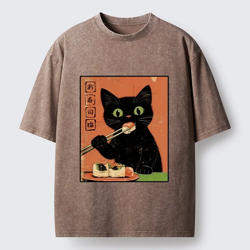 Tokyo-Tiger Japanese Style Sushi Cat Art Washed T-Shirt