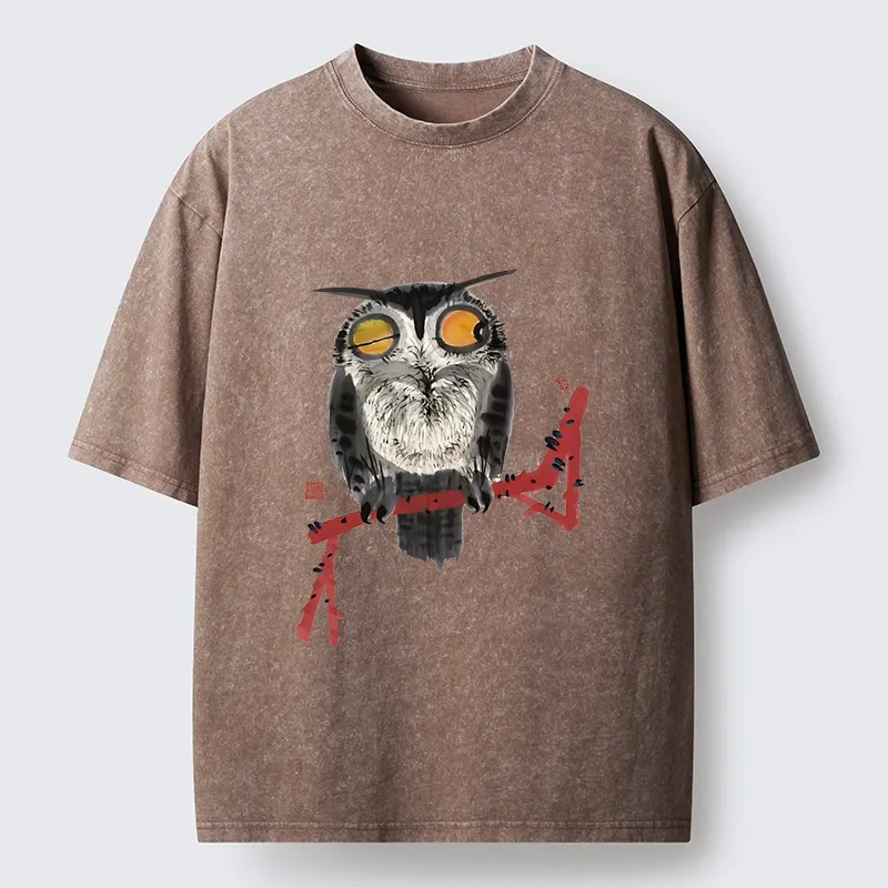 Tokyo-Tiger Ink Wash Owl On Red Branch Washed T-Shirt
